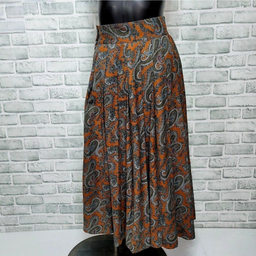 Cordier Size S High Waist Midi Pleated Paisley Boho Button Front Skirt‎